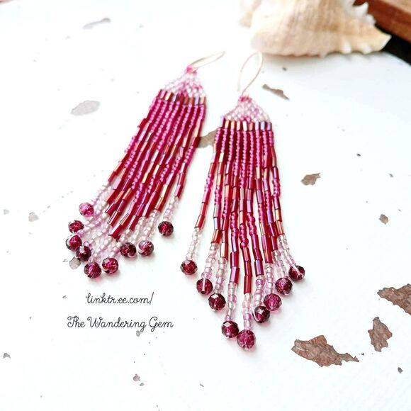 Beaded Fringe Cascade Shoulder Duster Dangle Earrings, Boho Chic Plum 4" - Picture 3 of 6